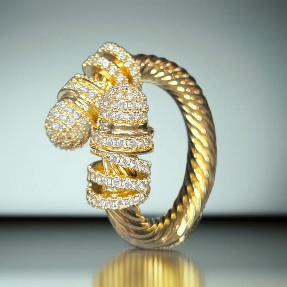 18k Gold Plated Luxury Designer Pave Zircon Crystal Twisted Cable Ring